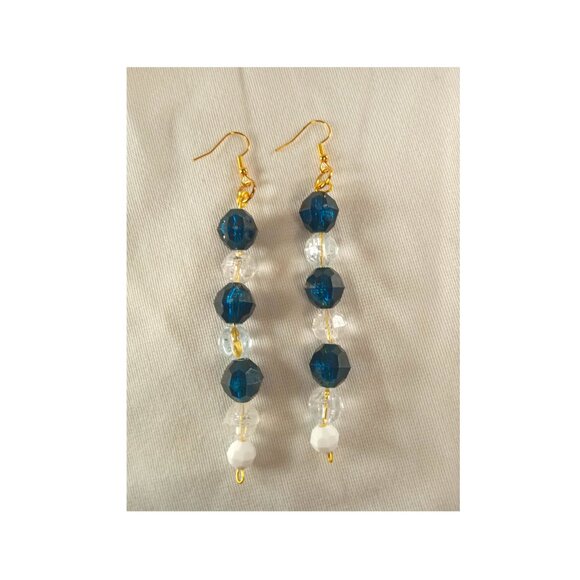 Blue & Crystal-Colored Beaded Earrings, Beautiful Beaded Dangle Earrings - Picture 2 of 3